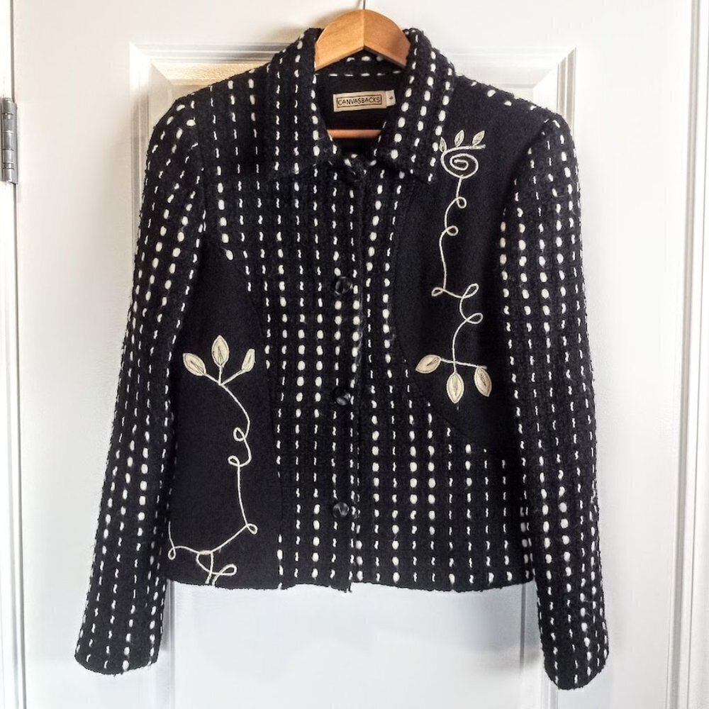 Vintage Canvasbacks Black White Embroidered Wool Tweed Jacket